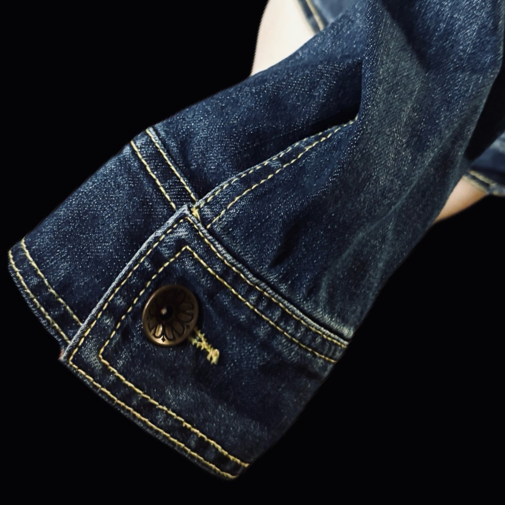 Democracy Distressed Denim Jacket with Yellow Stitching and Bronze hardware EUC - Picture 7 of 11